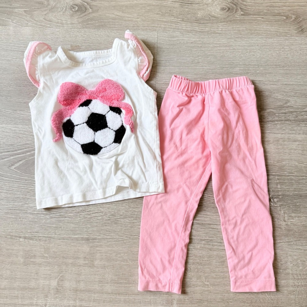 Girls Pink White Soccer Ball Chenille Bow Top and Leggings Set 18-24 Months